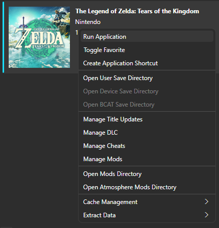 Picture of Totk in the Games Directory with the context menu shown