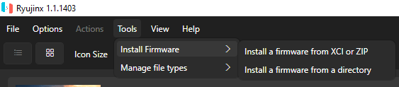 Picture of Ryujinx's top left menu w/ tool's clicked & install firmware hovered