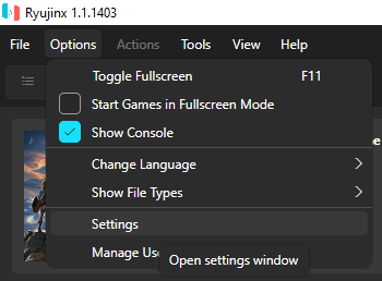 Picture of Ryujinx's top left menu w/ settings hovered