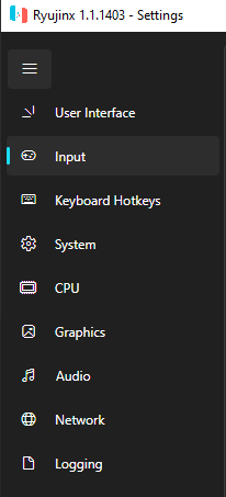 Picture of Ryujinx's settings sidemenu